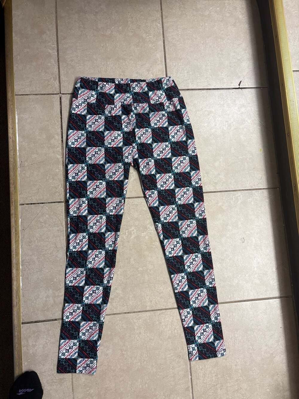 LuLaRoe One Size (OS) Leggings Black and White Geometric Patchwork Pattern